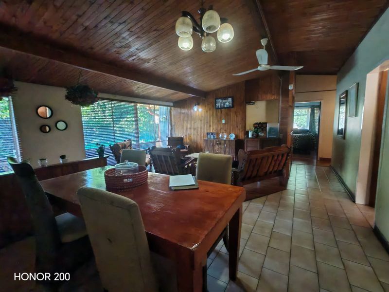 Spacious open-plan living and dining area featuring a vaulted timber-clad ceiling, exposed beams, and ceramic tiled flooring throughout.