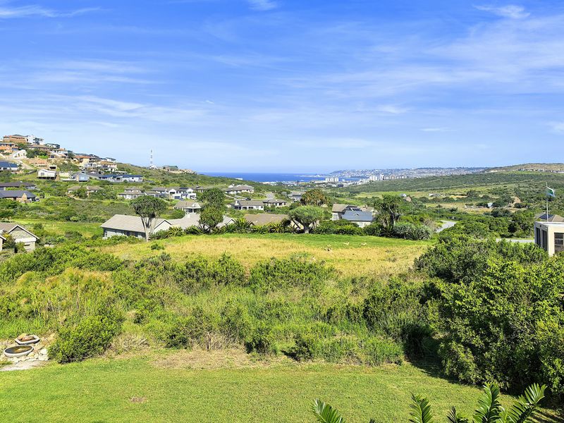 A scenic elevated view overlooking a coastal residential estate with natural vegetation and distant ocean vistas.
