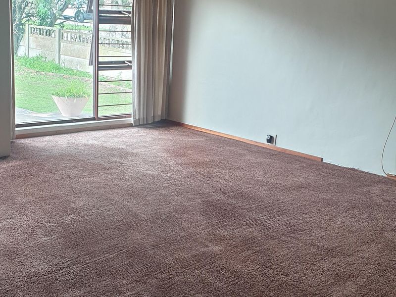 Spacious living room featuring a timber tongue and groove ceiling, carpeted flooring, and a large sliding glass door providing access to the garden.
