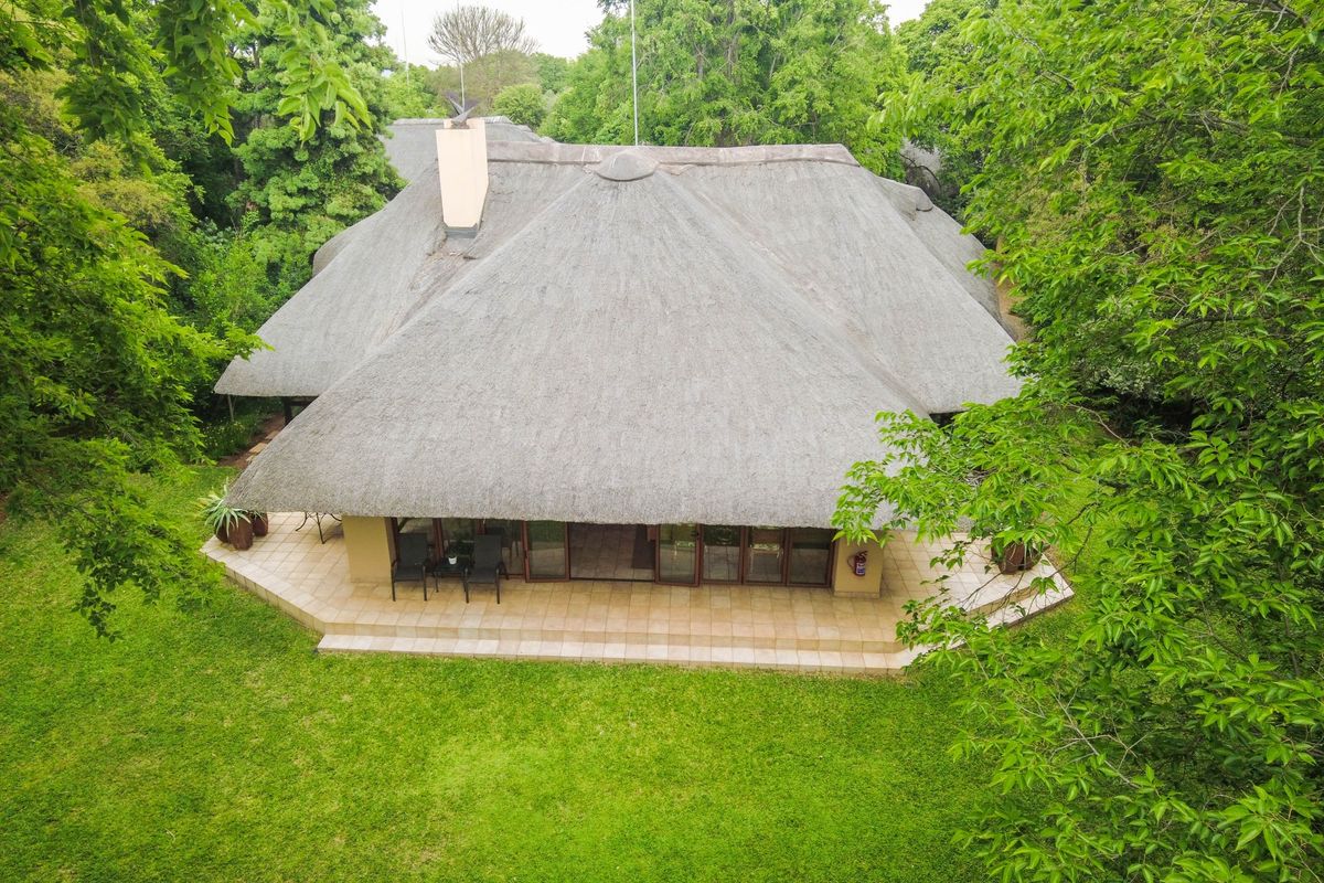 Aerial view of a residential property featuring a traditional thatched roof, a spacious tiled patio, and expansive surrounding garden greenery.