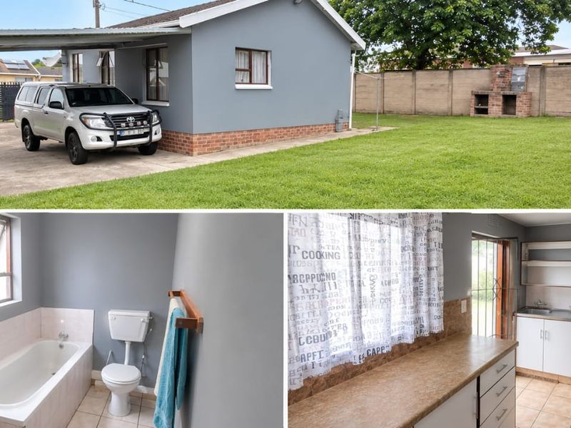 A composite image showing the exterior of a house with a carport and garden, a bathroom with a bathtub, and a functional kitchen area.