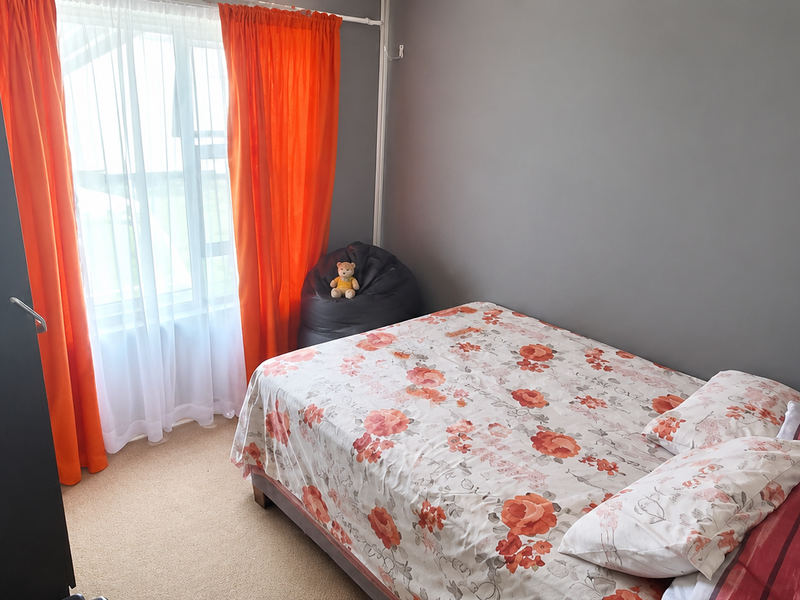 A functional bedroom featuring neutral grey walls, carpeted flooring, and a built-in cupboard, offering a comfortable space with natural light from the window.