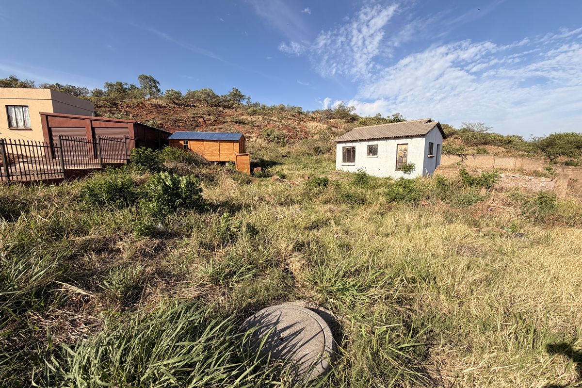 A view of the rear yard featuring an overgrown landscape, a small detached outbuilding, a wooden shed, and a concrete inspection cover.