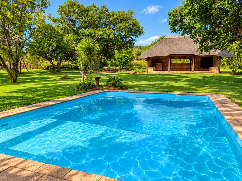 A well-maintained swimming pool with a paved surround, set in a lush garden featuring a large thatched-roof lapa entertainment area.