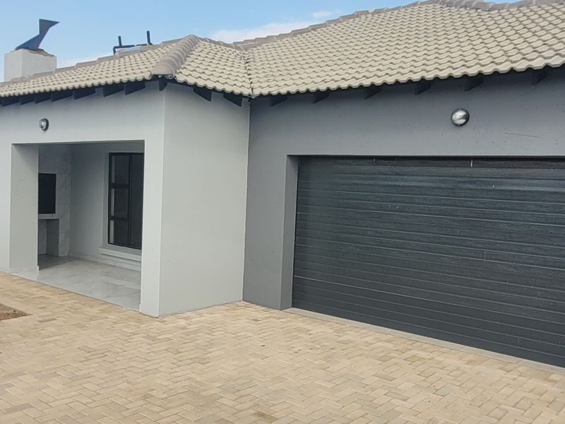 Modern front elevation featuring a paved driveway, integrated garage, and a covered patio area with a built-in braai.