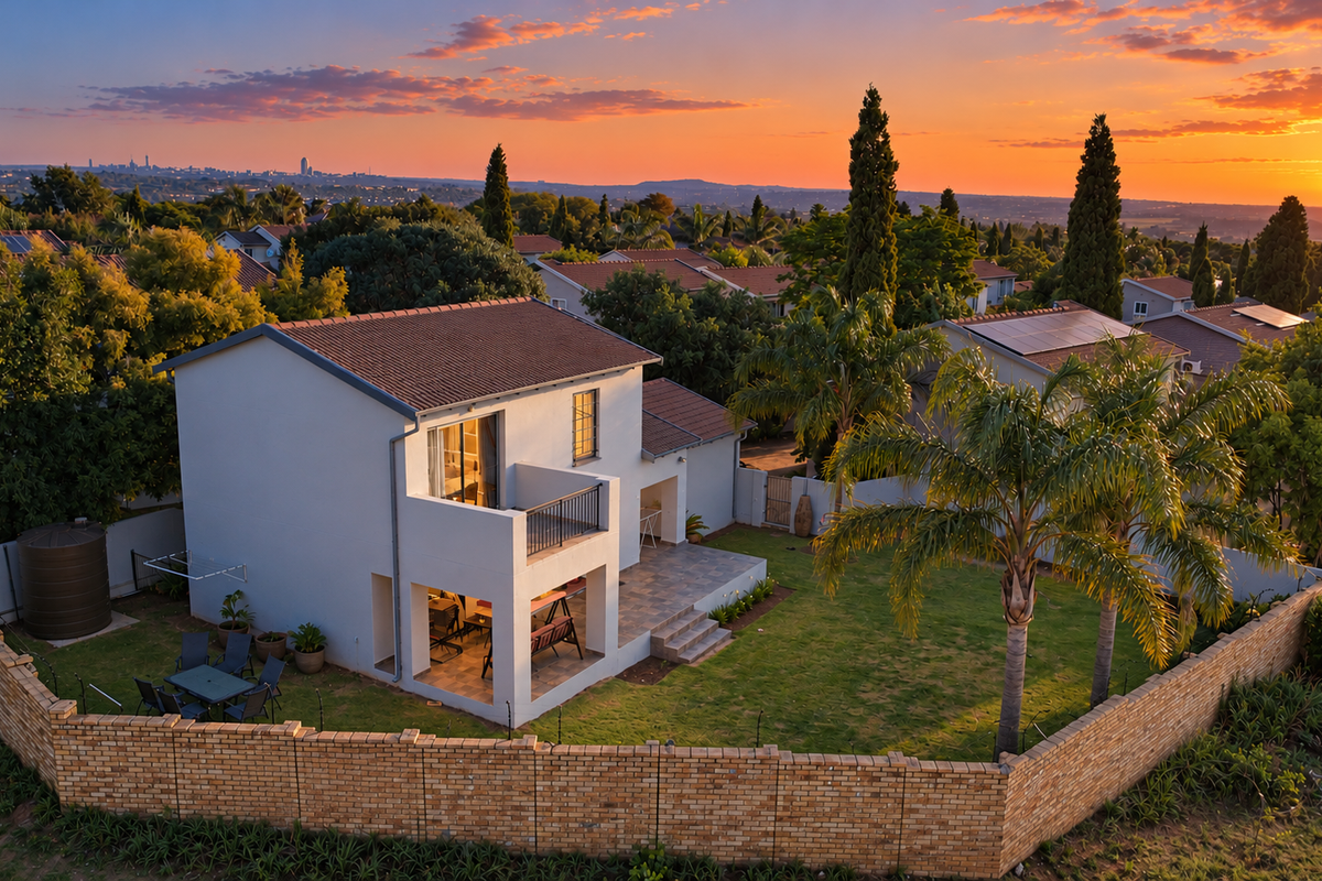 Aerial view of a townhouse featuring a private garden, covered patio, balcony, and brick boundary wall at sunset.