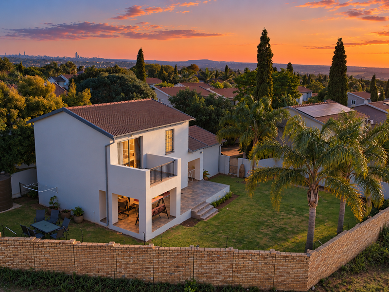 Aerial view of a townhouse featuring a private garden, covered patio, balcony, and brick boundary wall at sunset.