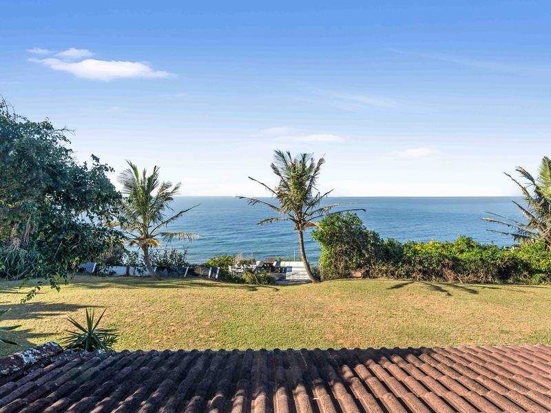 A scenic elevated view overlooking a lush green lawn with mature palm trees and a clear ocean horizon.