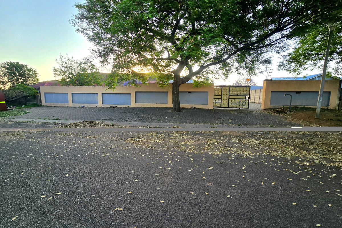 Street view of the property boundary featuring a paved driveway, metal gate, and a large mature tree providing shade.