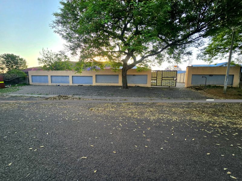 Street view of the property boundary featuring a paved driveway, metal gate, and a large mature tree providing shade.