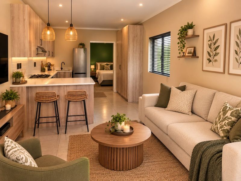 Modern open-plan living area featuring a well-appointed kitchen with stone countertops, built-in cabinetry, and integrated appliances, seamlessly flowing into a comfortable lounge space.
