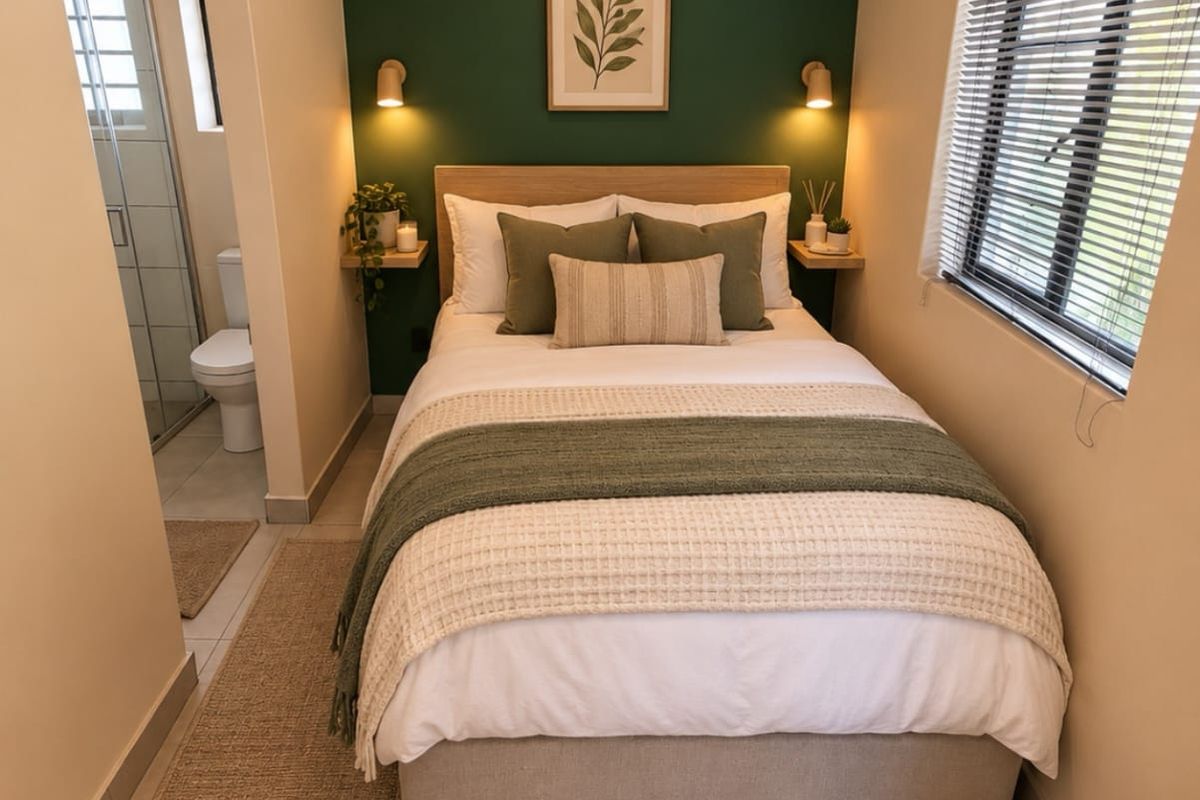 A well-maintained bedroom featuring tiled floors, modern wall-mounted lighting, floating bedside shelves, and direct access to an en-suite bathroom.