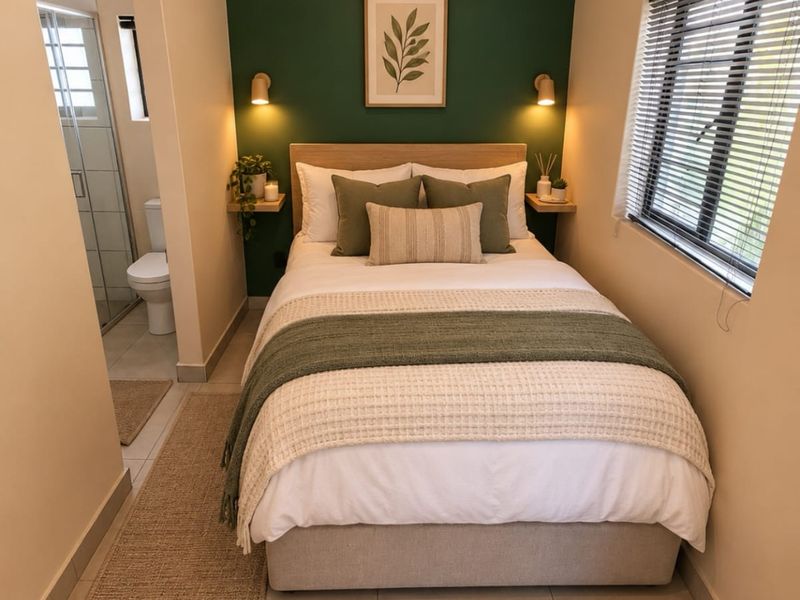 A well-maintained bedroom featuring tiled floors, modern wall-mounted lighting, floating bedside shelves, and direct access to an en-suite bathroom.