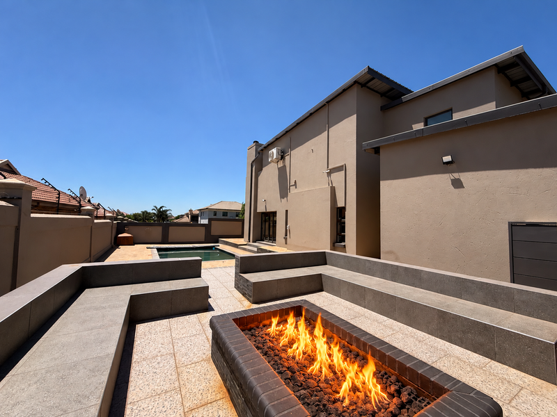 Spacious outdoor patio featuring a built-in fire pit, integrated tiled seating, and a swimming pool, perfect for entertaining in a private setting.