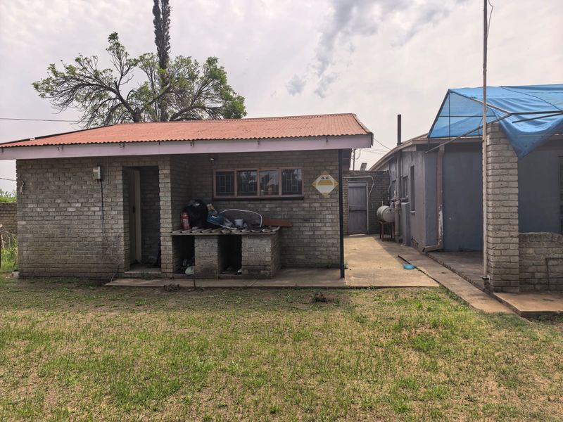 Rear exterior view of a brick-built outbuilding featuring a corrugated metal roof, concrete patio area, and a built-in brick braai structure.