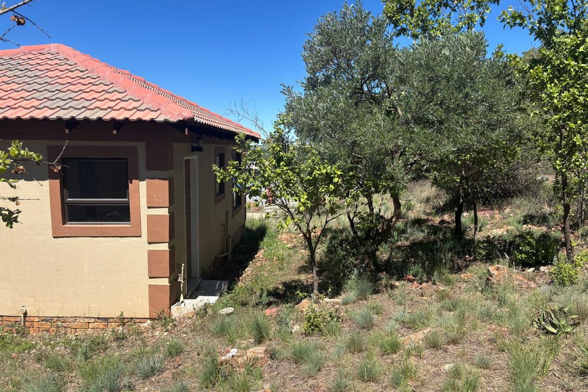 A view of the rear exterior of the house featuring a tiled roof, plastered walls, and aluminium window frames, set against an unmaintained garden area.