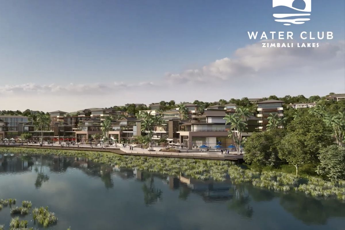 An aerial perspective of the Water Club at Zimbali Lakes, showcasing the waterfront development, modern architectural design, and surrounding landscaped environment.