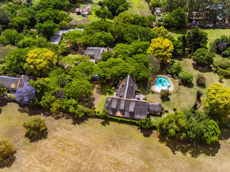 Aerial view of a farm property featuring multiple thatched-roof buildings, a swimming pool, and extensive landscaped grounds with mature trees.
