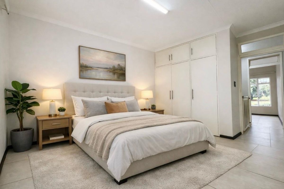 A well-lit bedroom featuring built-in floor-to-ceiling wardrobes, tiled flooring, and neutral finishes, offering a clean and comfortable living space.