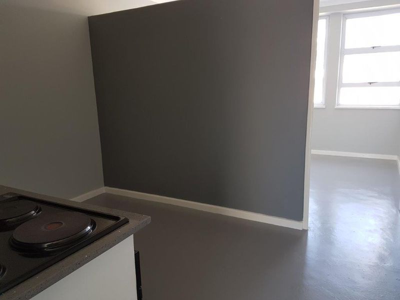 An open-plan living area featuring a modern dark feature wall, smooth screeded flooring, and a compact kitchen corner with a built-in electric hob.