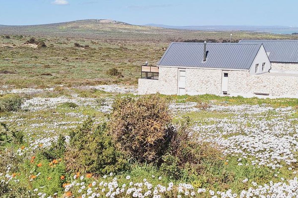 A scenic view of a modern stone-clad residence with a metal roof, set within a natural landscape of wildflowers and coastal vegetation.