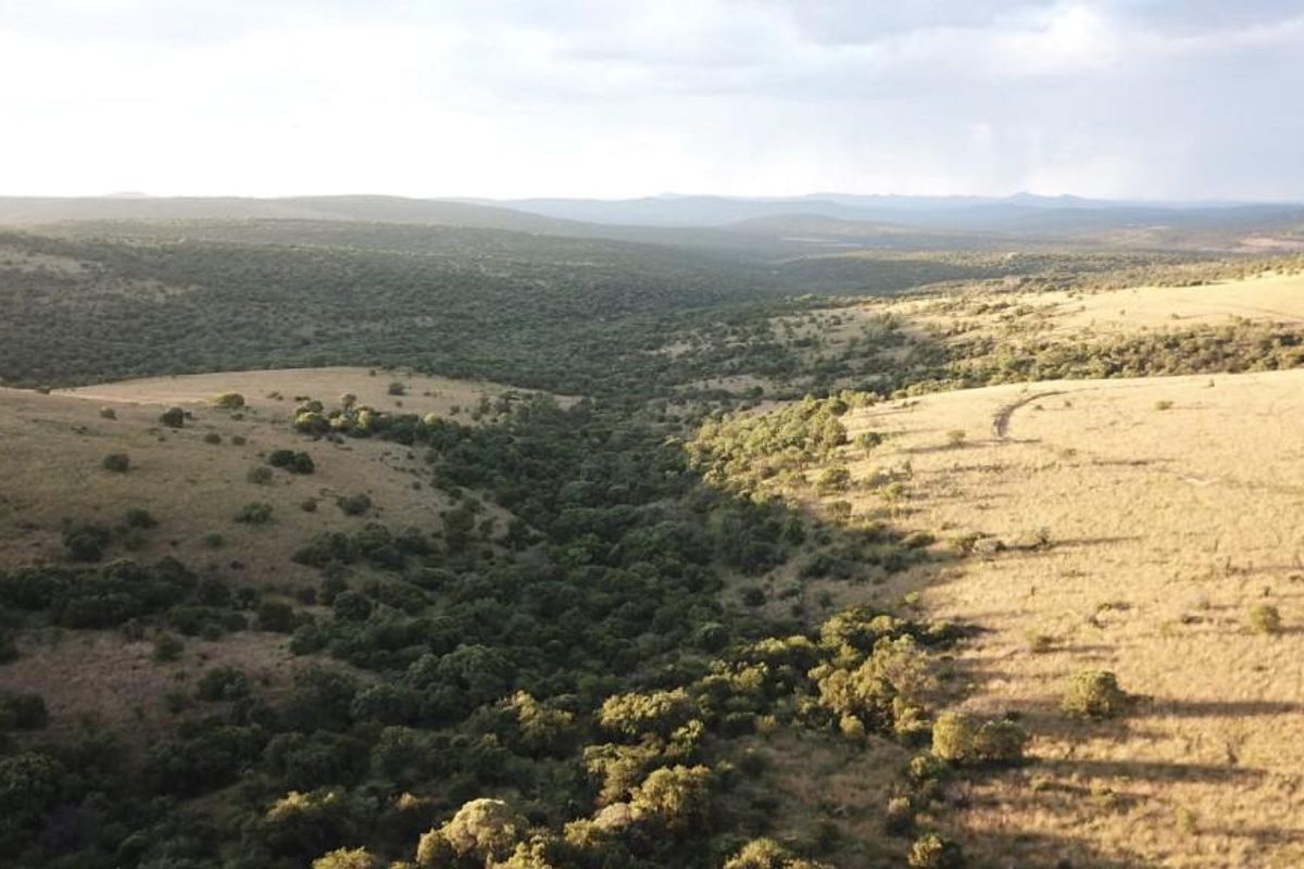 An expansive aerial view of the vacant residential land, showcasing the natural topography, native vegetation, and rolling landscape of the property.