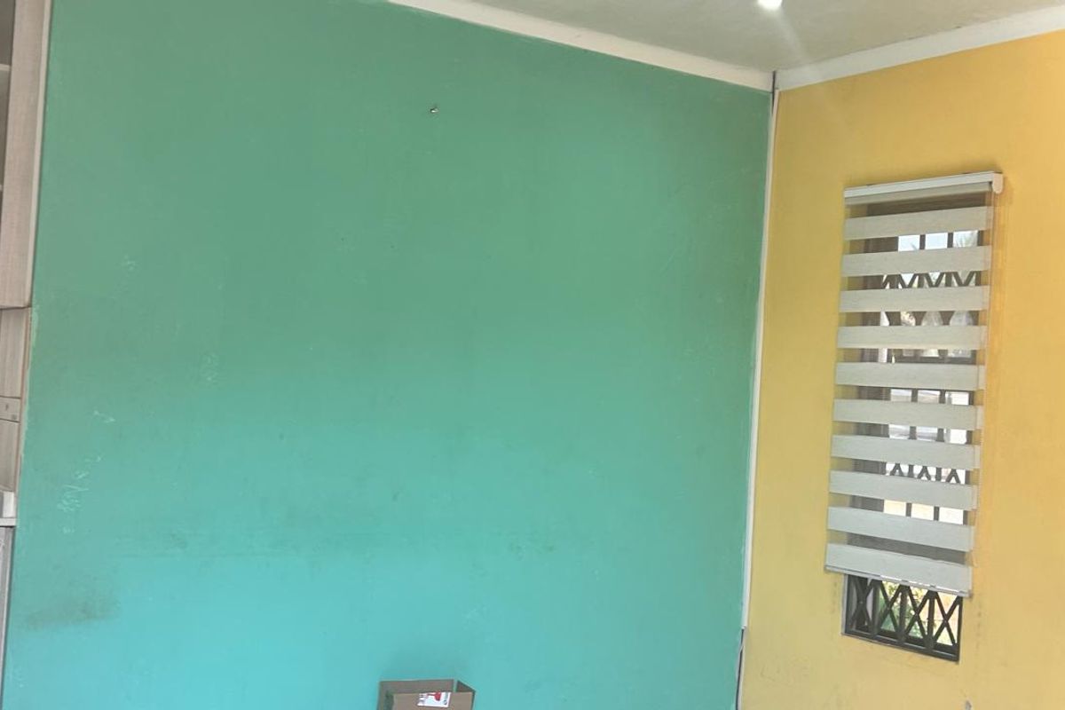 A view of an interior living space featuring contrasting green and yellow painted walls and a fitted window blind.