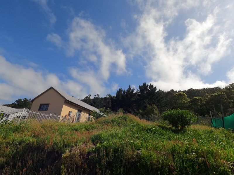 A view of a residential property facade set on a sloped, grassy plot with surrounding trees and metal perimeter fencing.