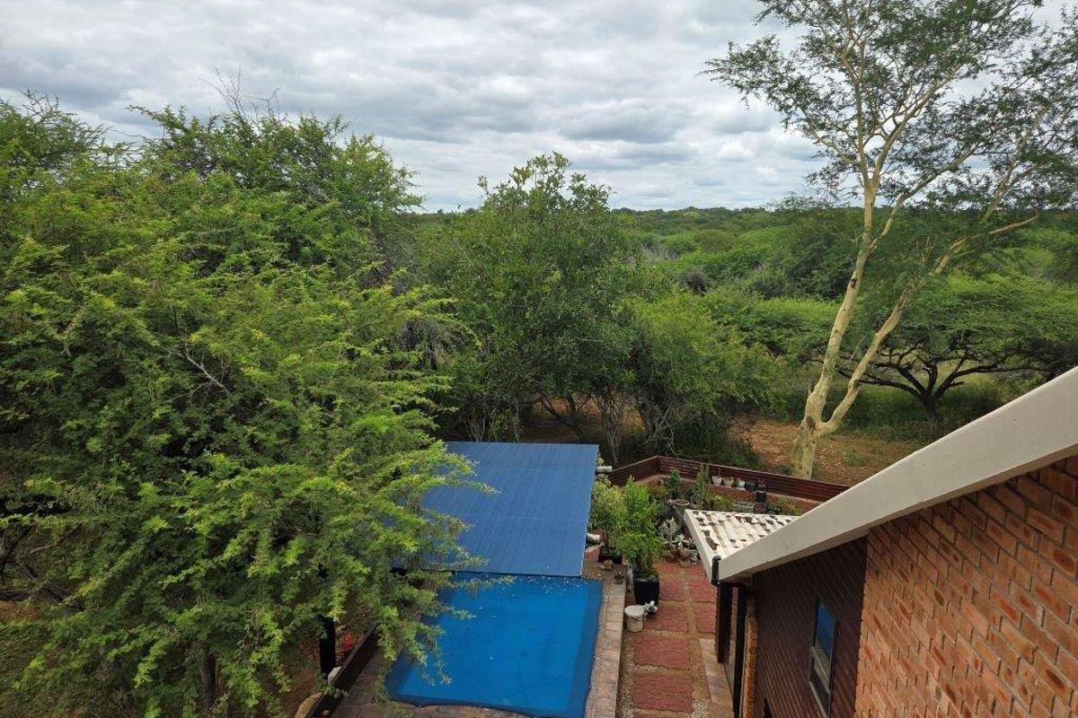 Aerial view of a residential property featuring a swimming pool with a cover, brick paved patio area, and surrounding natural bushveld landscape.