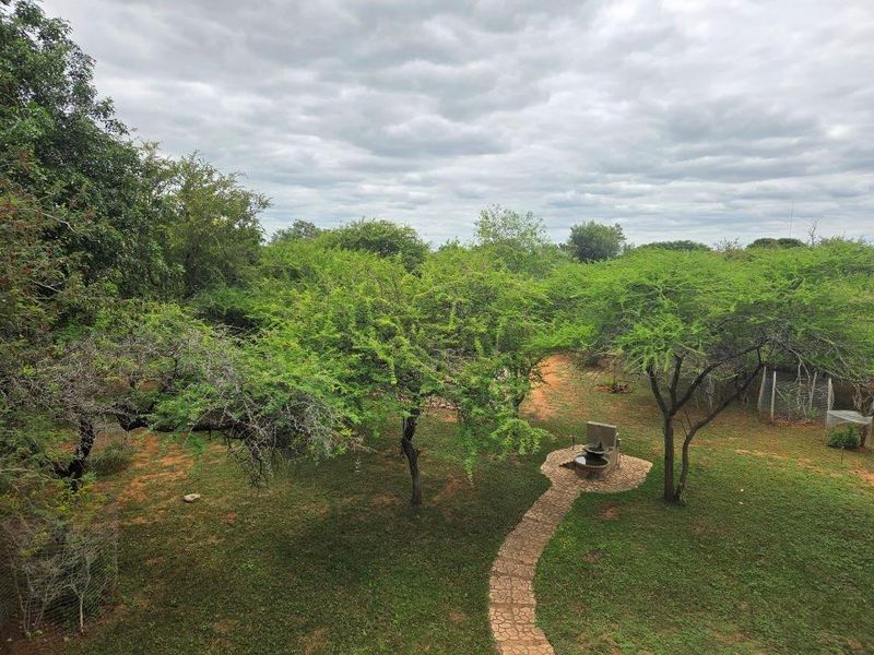 A spacious, established garden featuring mature trees, a stone pathway, and a central water feature, offering a peaceful outdoor setting.