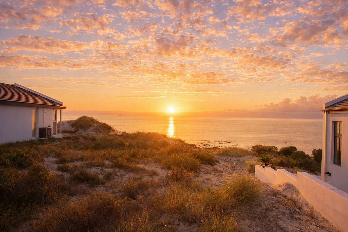A stunning sunset view over the ocean, framed by coastal dunes and residential structures, highlighting the property's prime beachfront location.