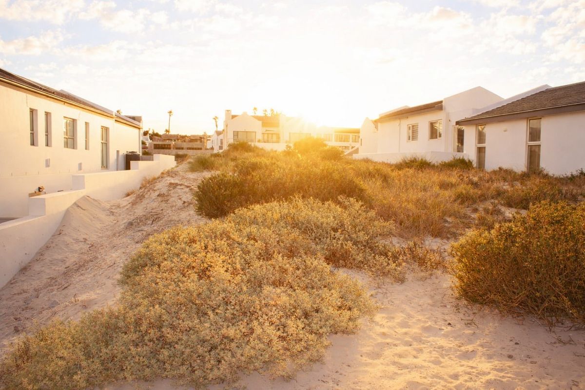 A view of the rear exterior area featuring natural sand dunes and coastal vegetation situated between residential buildings.