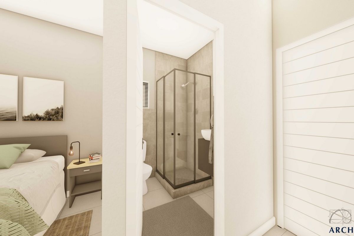 A modern bedroom featuring an en-suite bathroom with a glass-enclosed shower, presented as a clean architectural rendering.
