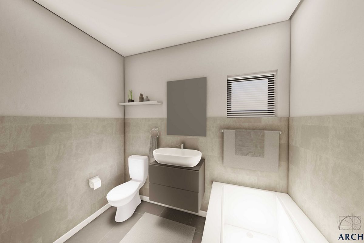A modern, minimalist bathroom featuring a floating vanity, vessel sink, wall-mounted toilet, and a clean tiled finish.