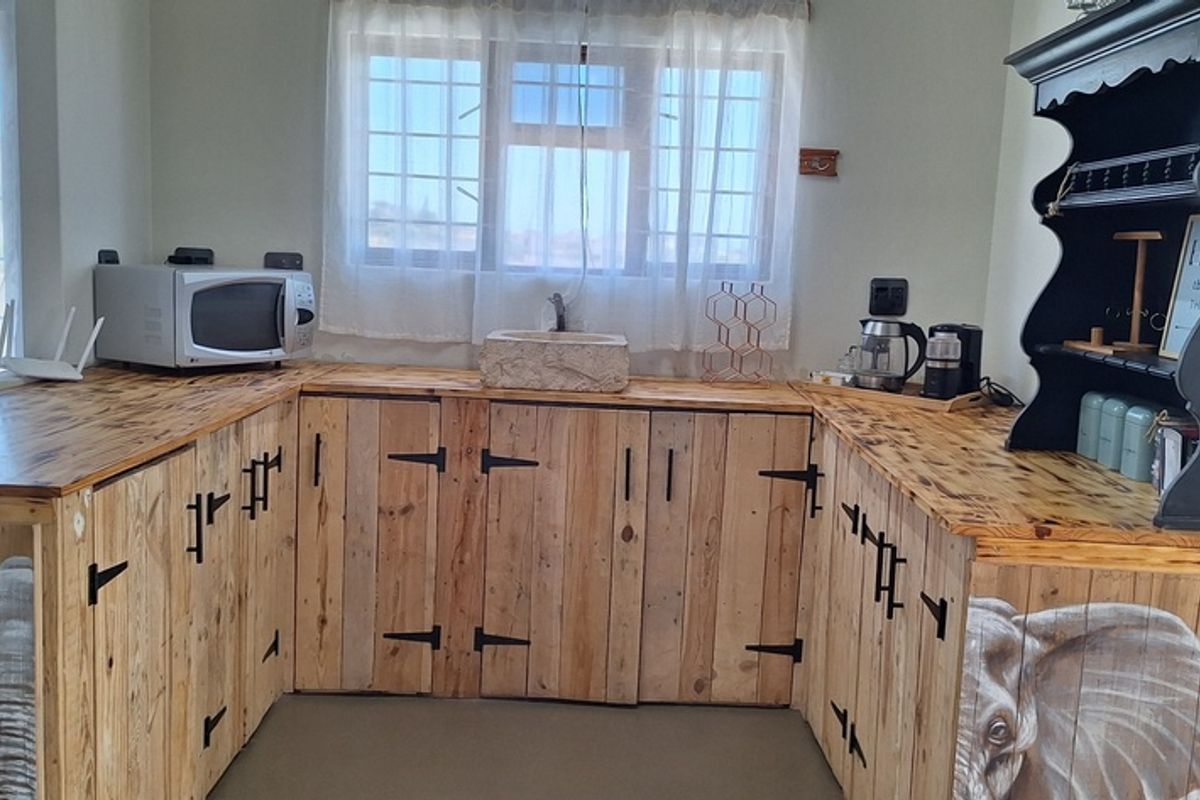 A rustic kitchen area featuring custom-built wooden cabinetry with unique elephant artwork, a stone basin, and integrated wooden countertops.