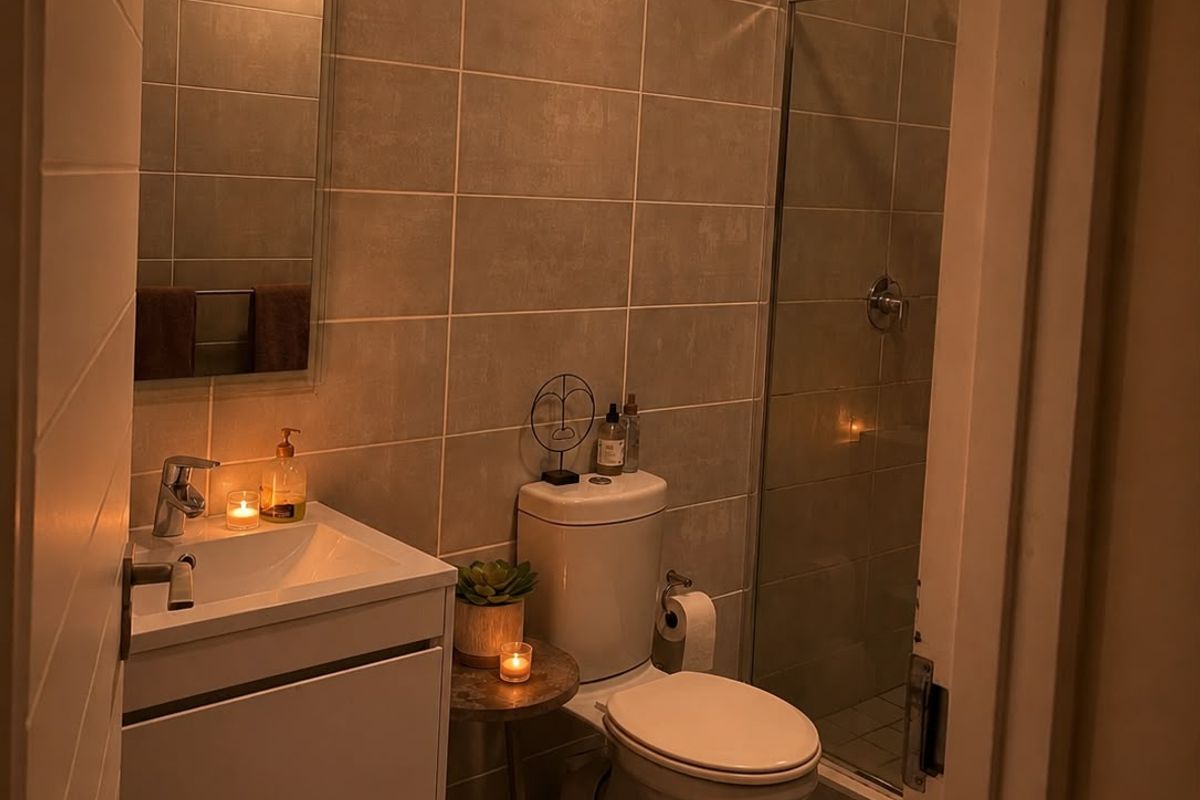 A compact, modern bathroom featuring a wall-mounted vanity, tiled walls, and a glass-enclosed shower, presented with warm ambient lighting.