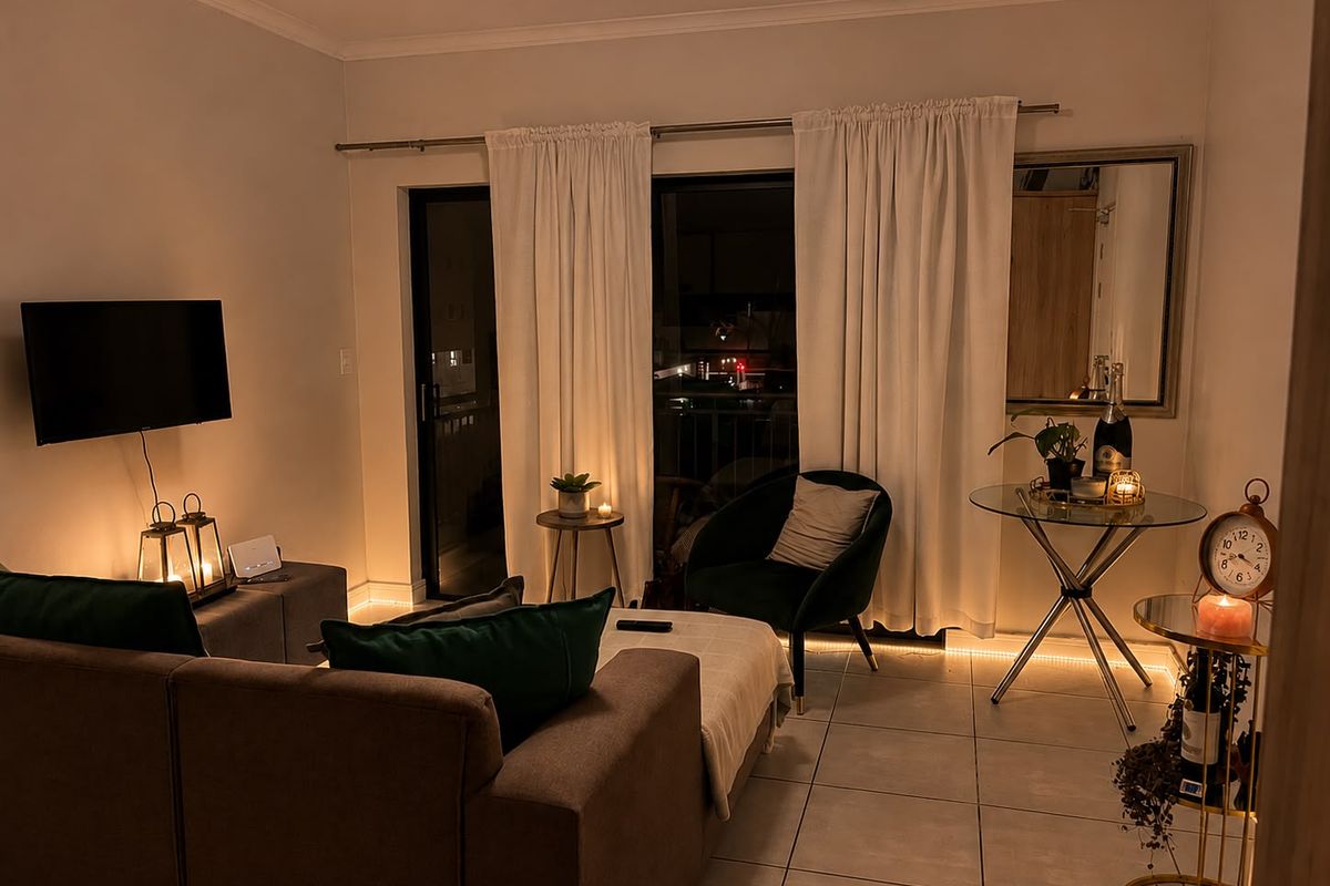 A cozy living room featuring tiled flooring and a sliding glass door leading to an outdoor area, illuminated by warm ambient lighting.