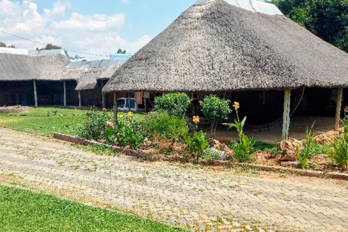Exterior view of a property featuring traditional thatched roof structures, a paved driveway, and established garden landscaping.