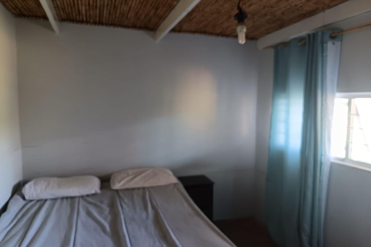 A bedroom featuring a rustic reed ceiling, exposed light fixture, and window with curtains.