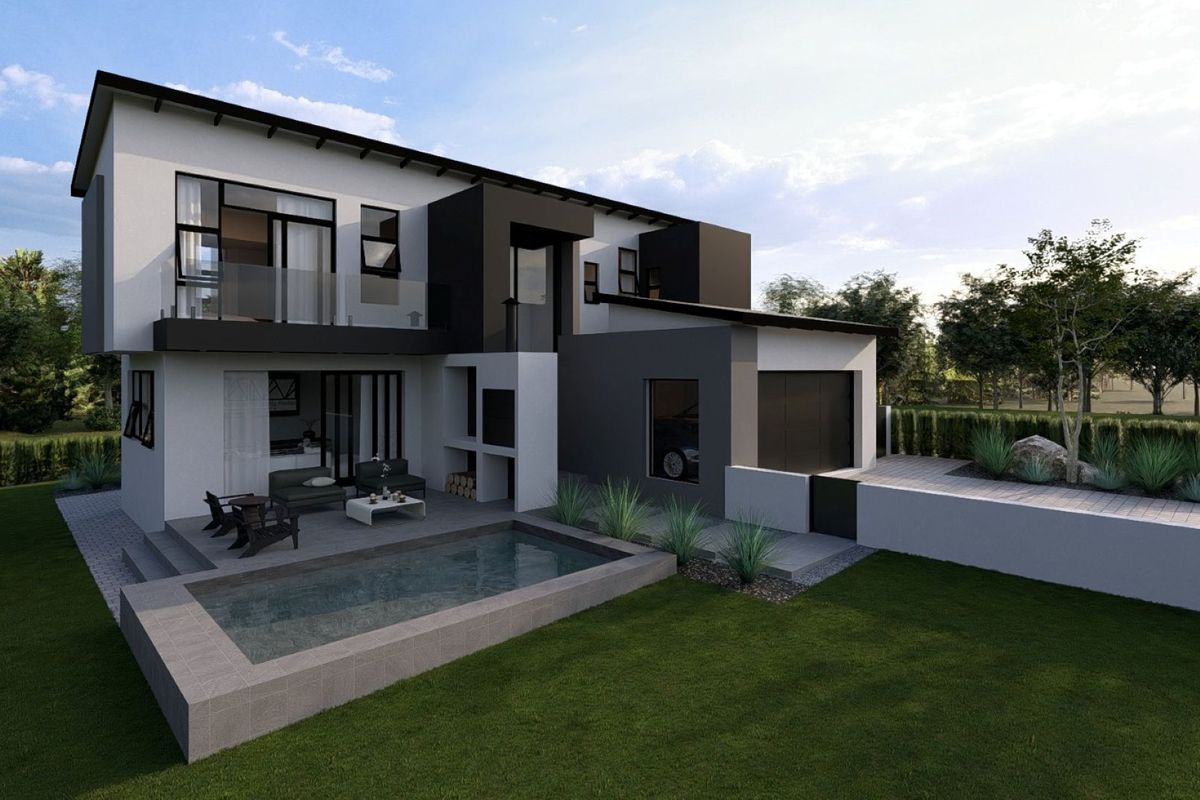 Modern two-story residential property featuring a rear patio, built-in braai, swimming pool, and landscaped garden area.