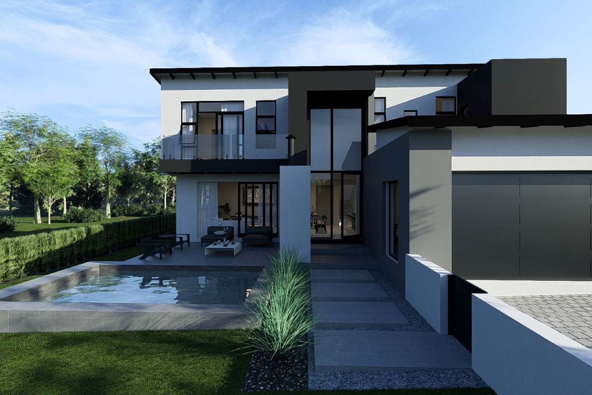 A modern architectural rendering of a double-story home featuring a swimming pool, paved patio, and contemporary facade design.