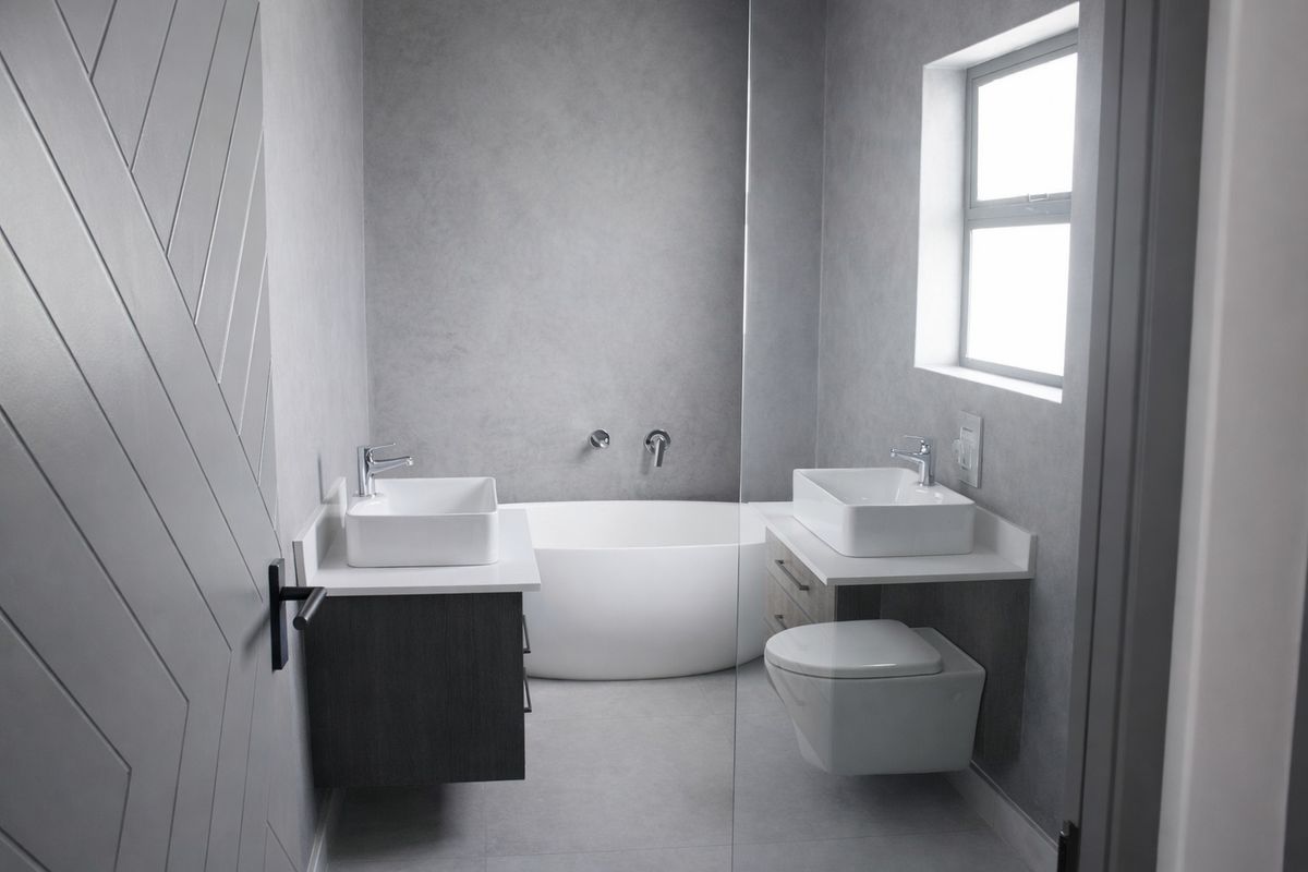 Modern bathroom featuring a freestanding bathtub, dual vessel sinks on floating vanities, and a wall-mounted toilet with contemporary grey finishes.