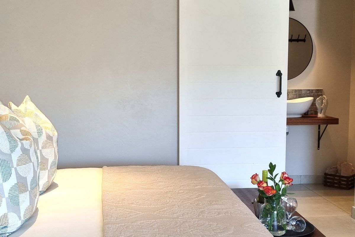 A bedroom featuring a modern sliding barn door that opens into an en-suite bathroom with a vessel sink and wall-mounted vanity.