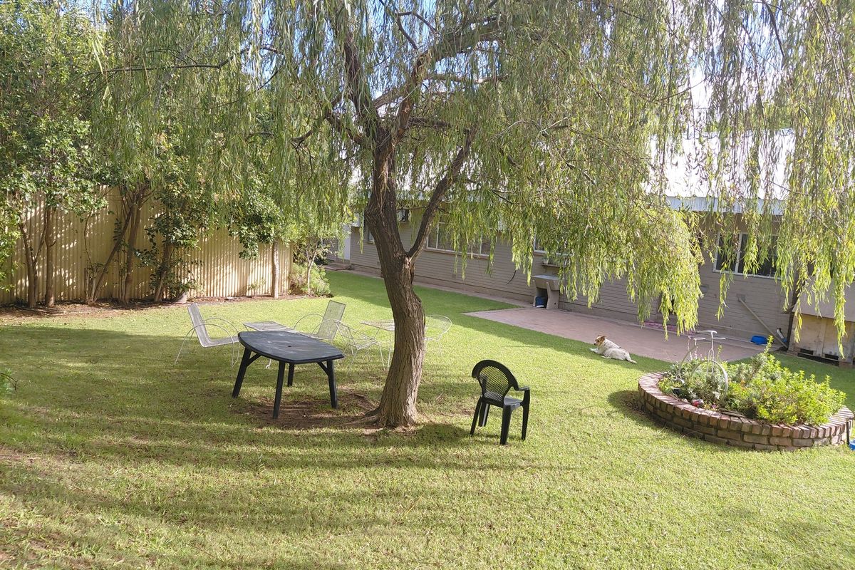A spacious rear garden featuring a large established tree, a brick-edged garden bed, and a paved patio area adjacent to the house.