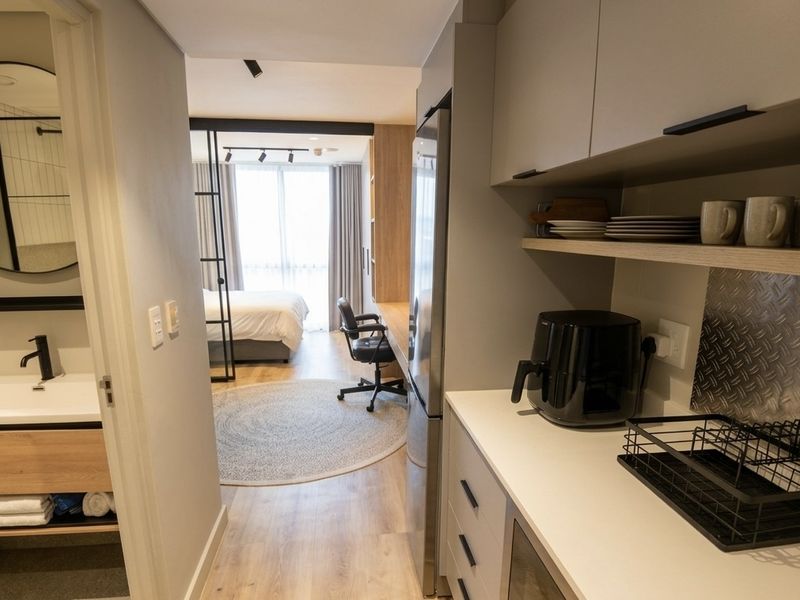 Modern open-plan apartment featuring a compact kitchen area with sleek cabinetry, leading into a bedroom space with contemporary finishes and neutral tones.