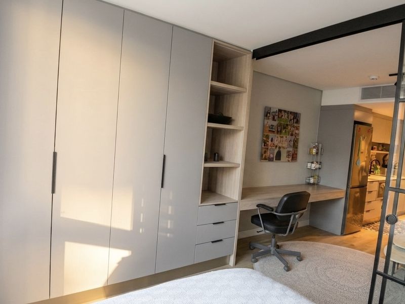 Modern bedroom featuring extensive built-in cabinetry, a integrated desk workspace, and a stylish glass partition wall separating the room from the kitchen area.