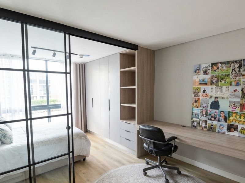 Modern bedroom featuring a sleek black metal framed glass sliding partition, built-in wardrobe, and integrated desk with open shelving.
