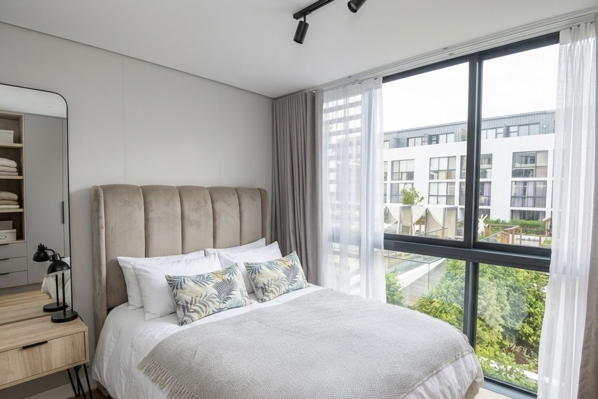 A modern, well-lit bedroom featuring large floor-to-ceiling windows, track lighting, and a built-in shelving unit with a contemporary aesthetic.