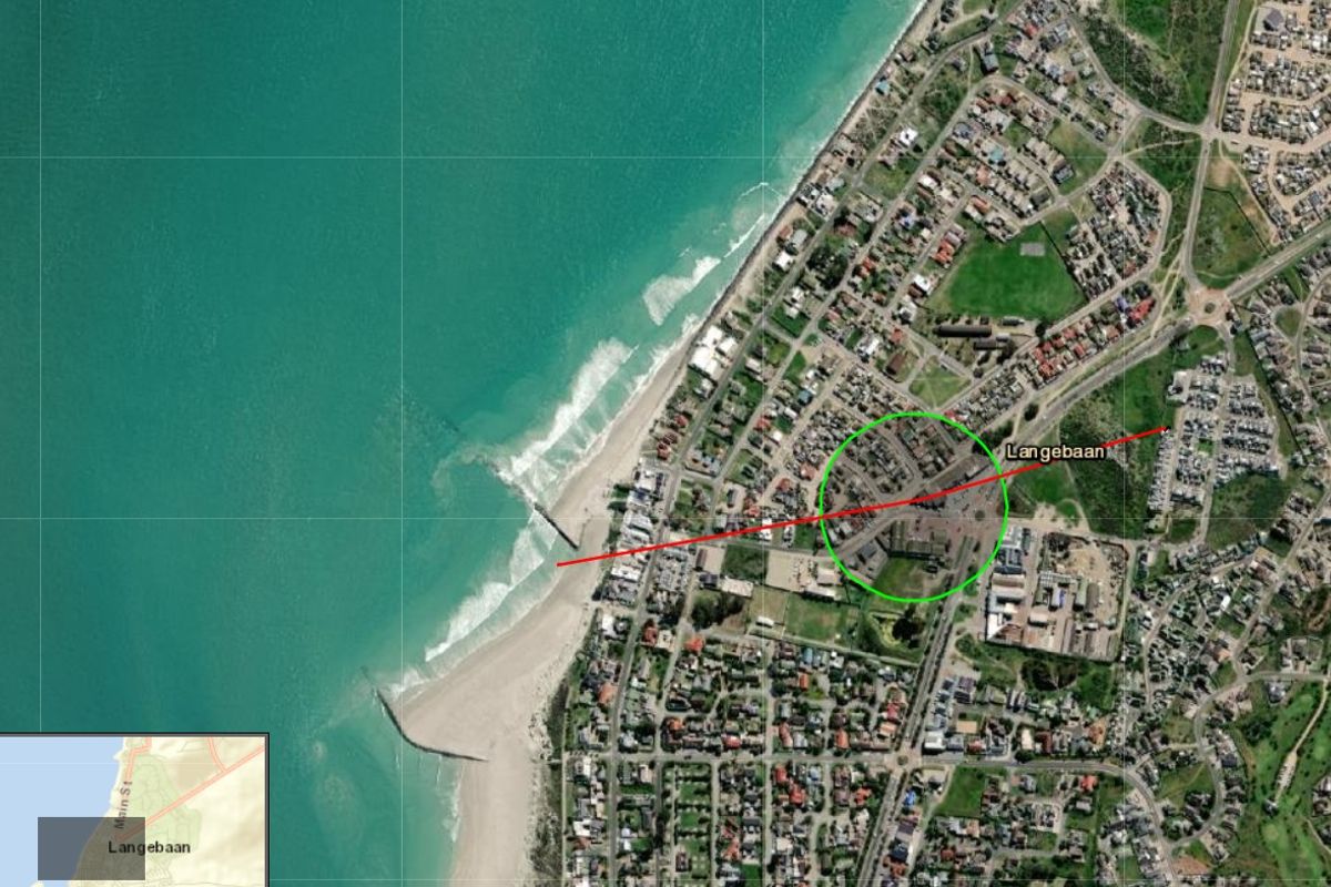 An aerial satellite view showing the coastal location and surrounding neighborhood of the property in Langebaan.