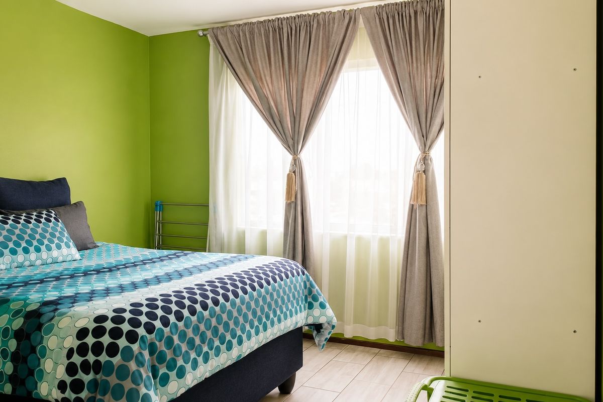 A bedroom featuring bright green walls, tiled flooring, and a window with neutral curtains, providing a functional and well-lit living space.